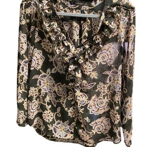 ZARA‎ BASIC Floral Ruffle Neck Long Sleeve Sheer Blouse Gray S